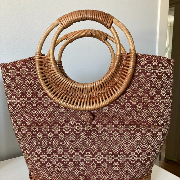 Burgundy & Gold Fabric / wicker bag - Picture 1 of 5
